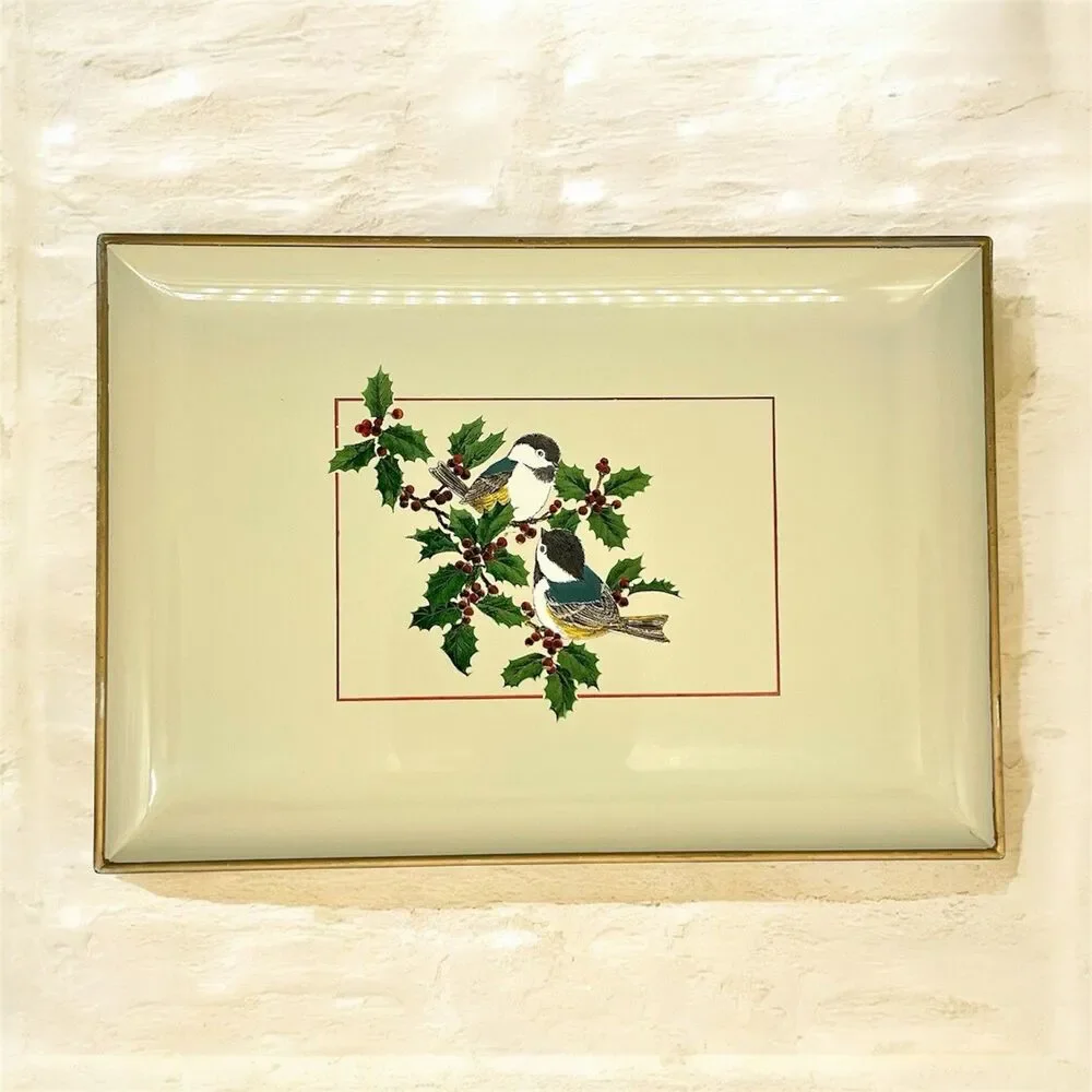 VTG Otagiri Japan Chickadees Lacquerware Serving Tray Holly Bird Christmas Plate